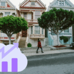 Row houses with a lady walking by and a chart with an arrow
