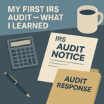 Desk with IRS audit letter, calculator, pen, and coffee mug beside folder labeled “Audit Response.