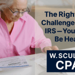 Retired woman reviewing tax documents at her desk, representing a taxpayer exercising her right to challenge an IRS notice.