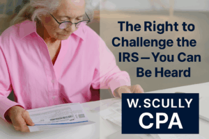 Retired woman reviewing tax documents at her desk, representing a taxpayer exercising her right to challenge an IRS notice.